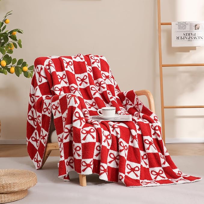 YIRUIO Red Checkered Knit Throw Blanket - with Bow Pattern for Women Daughter, 50x60 Size Ultra Soft Microfiber Reversible,Fluffy Fuzzy Cozy Throw for Bed, Sofa & Couch, Home Decor
