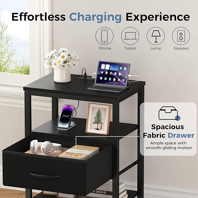 DUMOS Nightstand Set of 2 with Wireless Charging Station Bed Side Tables with Adjustable Fabric Drawers 3-Tier Storage End Tables Modern Design,Black