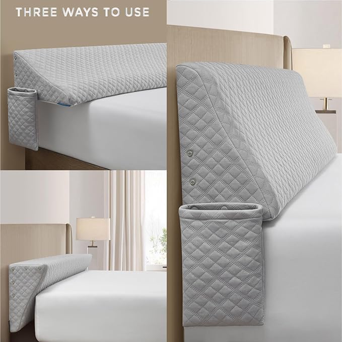 Aeropostale Foam-Filled Bed Wedge Pillow for Twin Beds – Dorm, Kids & Teen Rooms – Headboard Gap Filler with Side Pocket for Bedside Essentials, Grey