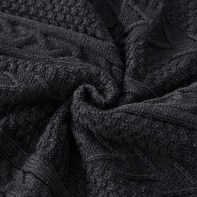 Longhui bedding Black Acrylic Cable Knit Sherpa Throw Blanket - Thick, Soft, Big, Cozy Knitted Fleece Blankets for Couch, Sofa, Bed - Large 60 x 80 Inches Coverlet All Season