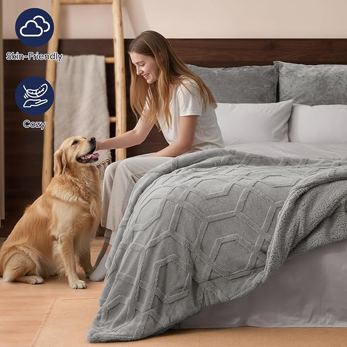 PHF Fluffy Sherpa Fleece Blanket King Size for Winter, Warm and Cozy, 510GSM 3D Tufted Shaggy Fleece Blanket for Sofa Bed, Grey, 108"x90"