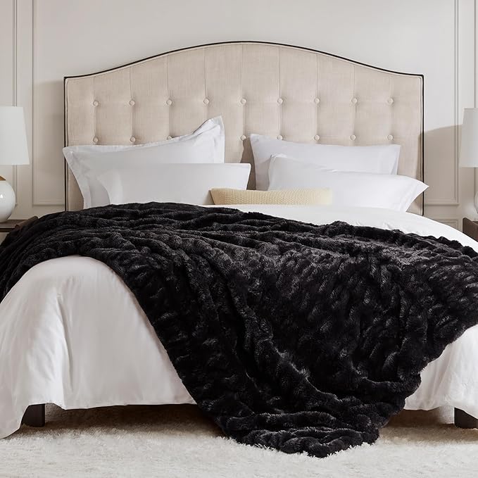 Hyde Lane Luxury Ruched Faux Fur Throw Blanket | Ultra Soft Cozy Puzzy Throw | Plush Black Mink Blankets for Sofa, Couch, Living Room, 60"x80"