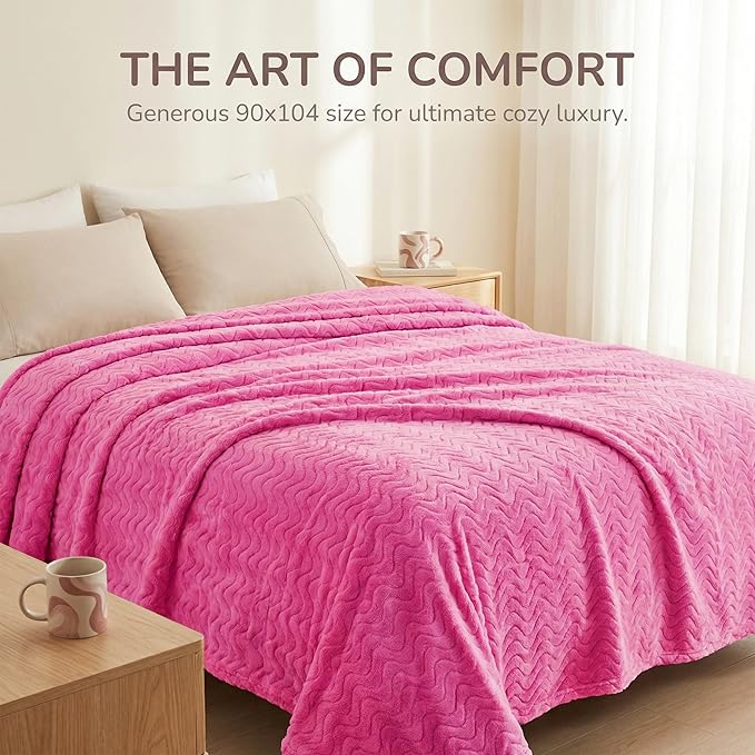 Exclusivo Mezcla King Blanket for Bed, Cozy Lightweight Fleece Blankets for All Season, Decorative Giftable Fuzzy Plush Wave Textured Suitable for Women, Men, Hot Pink, 90x104 Inches