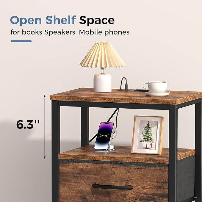 DUMOS Nightstand Set of 2 with Wireless Charging Station Bed Side Tables with Adjustable Fabric Drawers 3-Tier Storage End Tables Modern Design,Brown
