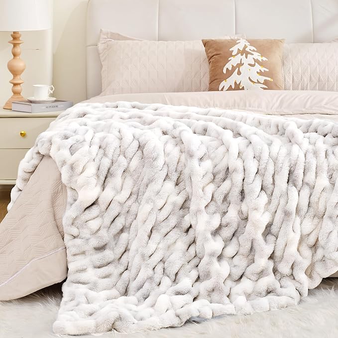Touchat Ruched Faux Rabbit Fur Throw Blanket, 700 GSM Luxury Dual-Sided Soft Cozy Blanket, Fuzzy Fluffy Plush Blanket for Bed, Couch and Sofa - 50"x60", Tie-dye Gray