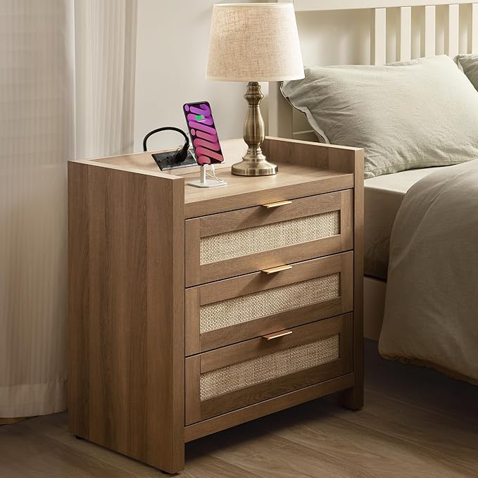 SICOTAS Larger Rattan Night Stand - Tall Nightstands with Type-C Charging Station, 3 Rattan Drawers, Boho Bedside Table End Table with Storage for Bedroom Sofa Couch Office - Oak