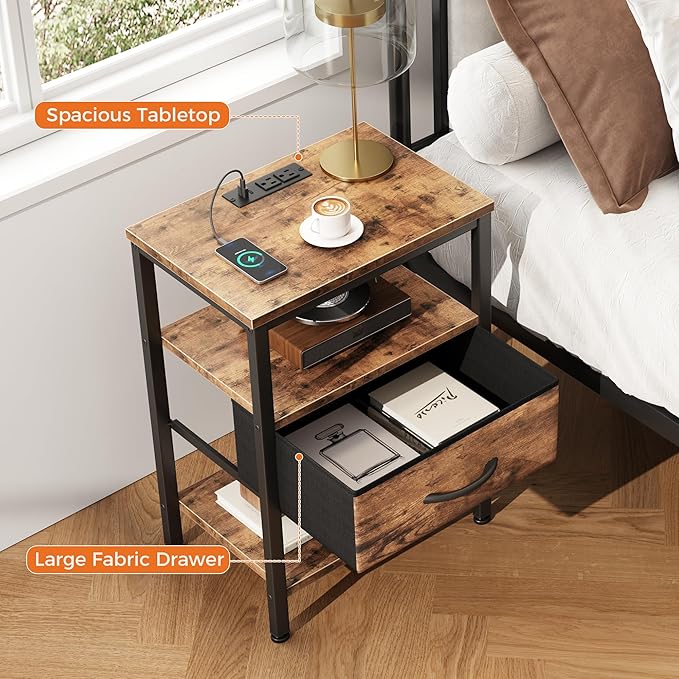 DUMOS Bedside Table with Charging Station and Adjustable Fabric Drawer Compact Nightstand 3-Tier Storage Organizer End Table for Bedroom,Brown