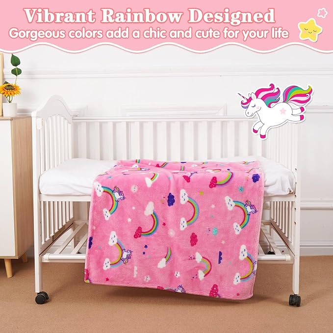Lukeight Pink Rainbow Toddler Blanket Gifts for Girls, Plush and Thick Girls Unicorns Blanket Birthday Gifts for Toddler and Baby (Rainbow Unicorns, 30x40 Inches)