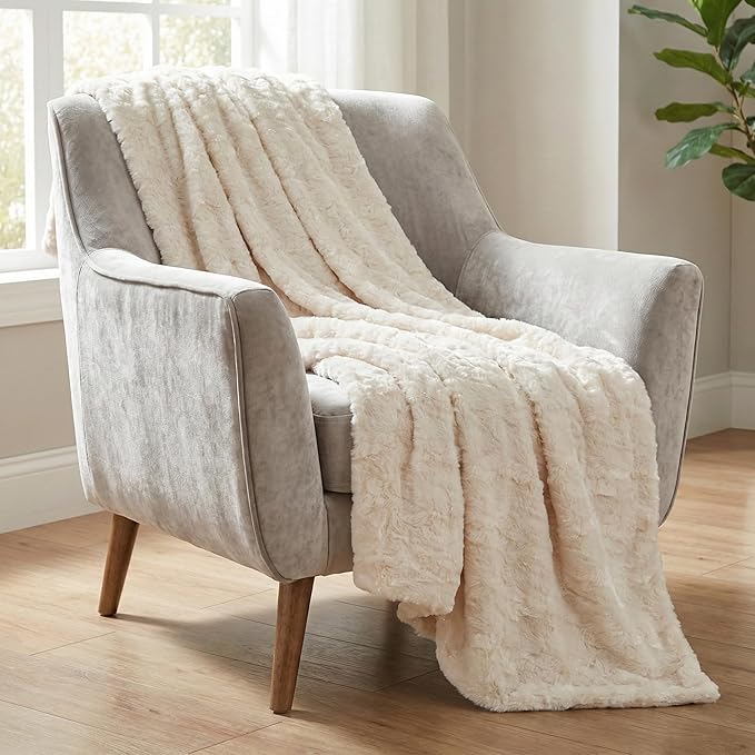 Americanflat Faux Fur Throw Blanket - Luxury 50x60 Extra Soft Plush Rabbit Fur, Reversible & Machine Washable Cozy Throw for Bed, Couch, Sofa, or Living Room Decor - Ivory, Cream, White