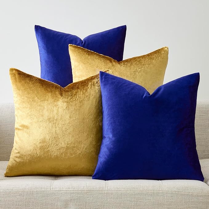 GIGIZAZA Decorative Velvet Pillow Covers - 16x16 Throw Pillows Soft Blue Gold Covers Accent for Couch Living Room Bed Square Modern Luxury Cushion Covers Home Decor Set of 4