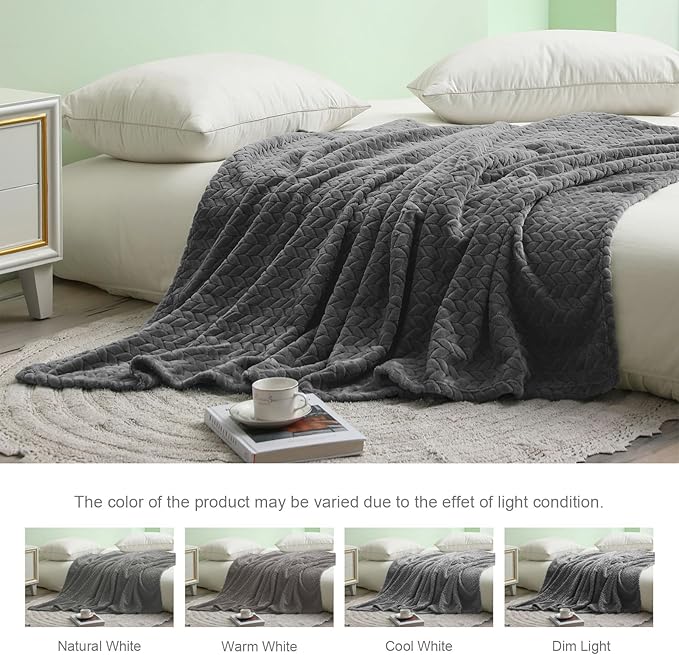 Exclusivo Mezcla Fleece King Size Blanket for Bed, 90x104 Inches Soft Cozy Jacquard Flannel Blankets, Lightweight Fuzzy Plush Warm for Women, Dark Grey