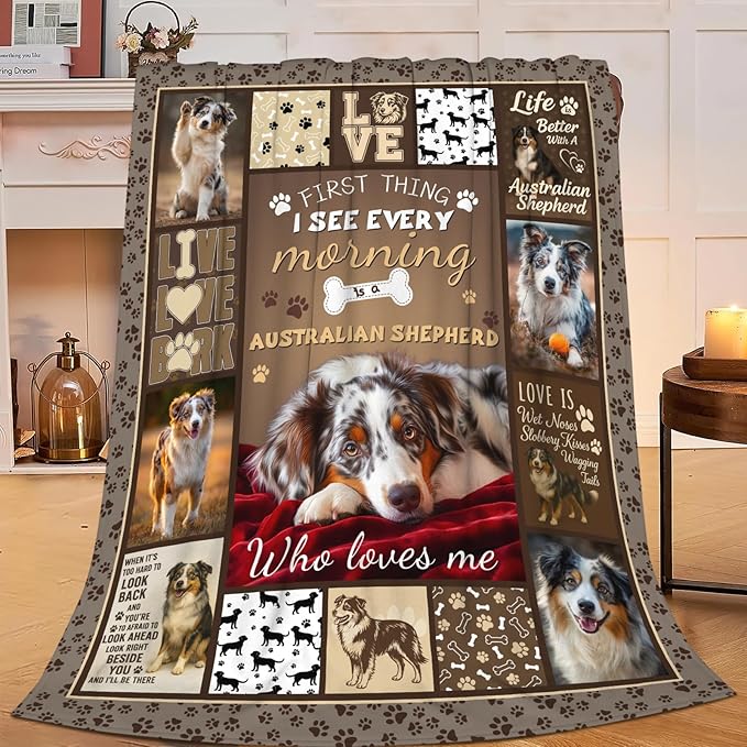 Australian Shepherd Blanket for Girls Women Boys Men Adults Kids Soft Cozy Fleece Aussie Dog Pet Throw Blankets Gifts Warm Flannel Plush Lightweight Decor for Couch Bed Sofa 60"X50"