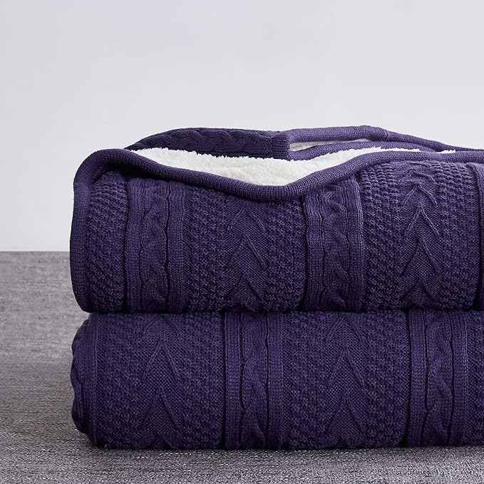 Longhui bedding Acrylic Cable Knit Sherpa Throw Blanket - Thick, Soft, Big, Cozy Knitted Fleece Blankets for Couch, Sofa, Bed - Large 60 x 80 Inches Coverlet All Season,Purple