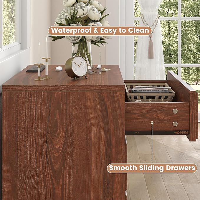 Farmhouse Nightstand with Charging Station, 21.7" Wide End Table with 3 Drawers, Cherry Wood Side Table, Bedside Table for Bedroom, Living Room, Sofa
