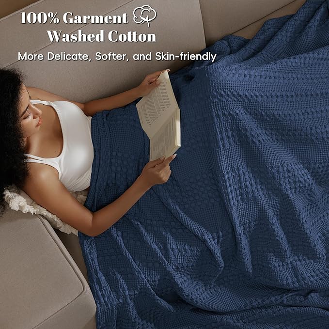 PHF 100% Cotton Waffle Weave Blanket King Size for Bed, Soft Lightweight & Breathable for Spring and Summer, All-Season Comfort, Luxury Aesthetic Blanket for Home Decor, 108"x90", Blue Sapphire