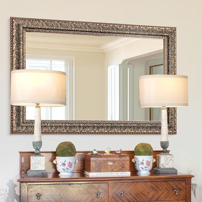 Chende Vintage Mirror for Wall Decor, 37" L x 25" W Bronze Bathroom Mirror with Carved Wood Frame and Hand-Applied Clay-Like Texture, Horizontal/Vertical Hanging, Living Room, Entryway, Home Decor