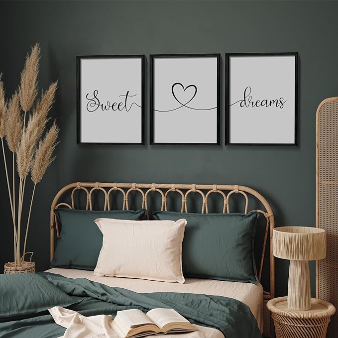 Ronasip Sweet Dreams Wall Decor for Bedroom Set of 3 Framed Wall Art for Farmhouse Rustic Home Master Bedroom Decor (11”x14”, Black)