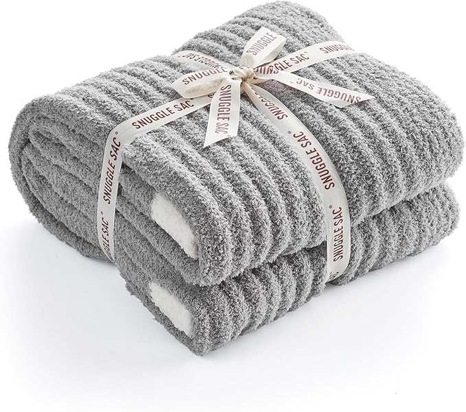 Snuggle Sac Fluffy Ribbed Grey Blanket Twin Size, Soft Luxurious Knit Fuzzy Microfiber Blankets for Couch, Sofa, Bed, Grey, 60x80 inches