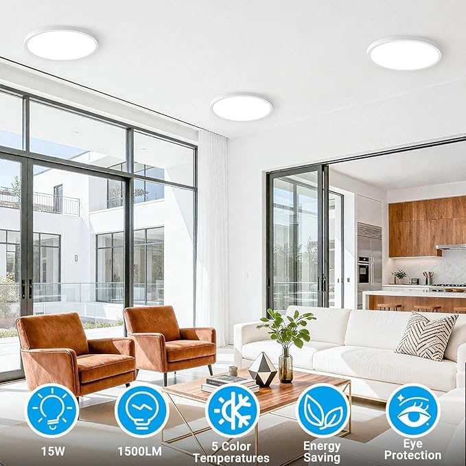 2 Pack LED Flush Mount Ceiling Light,7Inch 15W,3000K/3500K/4000K/5000K/6500K 5 Color Temperatures Ceiling Light Fixture for Kitchen Porch Hallway Bedroom Bathroom and Closet,White
