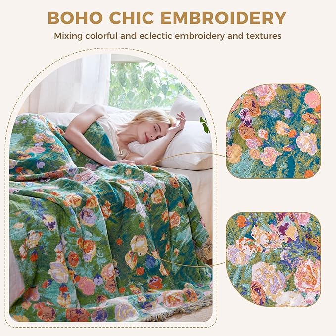 Boho Throw Blanket for Bed Cotton Spring Blankets Twin Size for Bedroom Living Room All Season Lightweight Floral Embroidery Reversible Quilt for Couch Sofa Chair 60"x80" Home Decor
