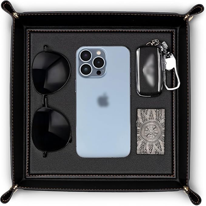 VLANDO Entryway Organizer Tray – Minimalist PU Leather Valet Tray for Keys, Wallet & Phone, Desk or Nightstand Catchall, Elegant Home Decor Gift for Men, Black