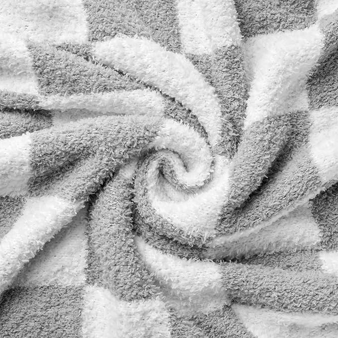 Checkered Throw Blanket, Light Grey Soft Cozy Fluffy Knitted Throw Blankets for Couch, Sofa, Bed, Chair, Warm Fuzzy Travel Picnic Lightweight Plaid Blanket, 50x70 inches