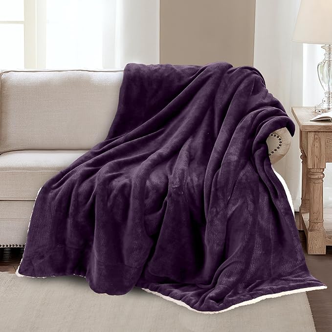 Mocassi Premium Ultra-Soft Velvet Touch Flannel Fleece Sherpa Throw - Warm Cozy Reversible Plush Micromink Throw Blanket for Couch, Bed and Sofa - Fluffy, Christmas Winter Bedding Gift, Purple