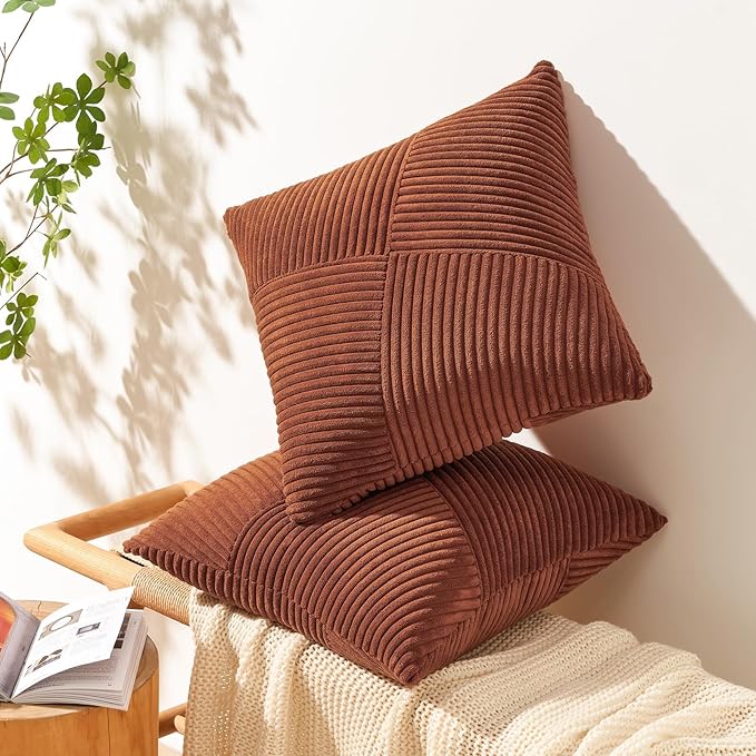 Topfinel 24x24 inches Terracotta Euro Pillow Shams Set of 2 Corduroy Decorative Throw Pillow Covers for Bedroom Living Room, Windmill Textured Striped Patchwork Couch Pillow Covers 60x60 cm