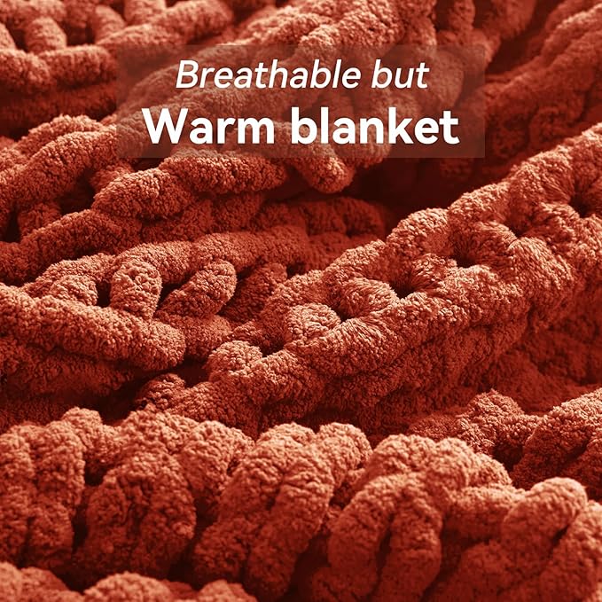 Chunky Knit Throw Blanket, 80''*90'' Knitted Throw Chenille Yarn for Bed Couch, Handmade Orange Crochet Big Thick Blanket, Machine Washable Cute Comfy Blanket for Home Decor