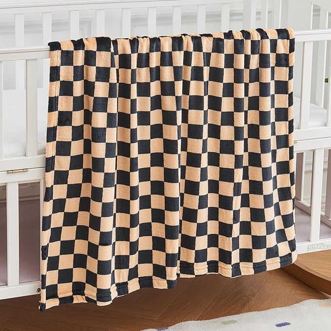 FY FIBER HOUSE Checkered Flannel Fleece Throw Blanket Soft Cozy Checkerboard Grid Print Chessboard Gingham Pattern Blankets for Bed Couch Sofa, 40"x50", Black Brown