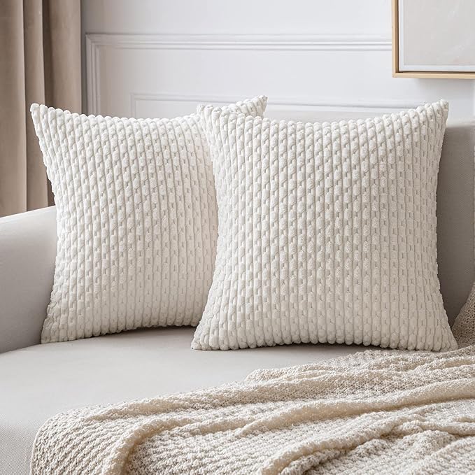 MIULEE Christmas Throw Pillow Covers Soft Corduroy Decorative Set of 2 Boho Striped Pillow Covers Pillowcases Farmhouse Home Decor for Couch Bed Sofa Living Room 20x20 Inch Pure White