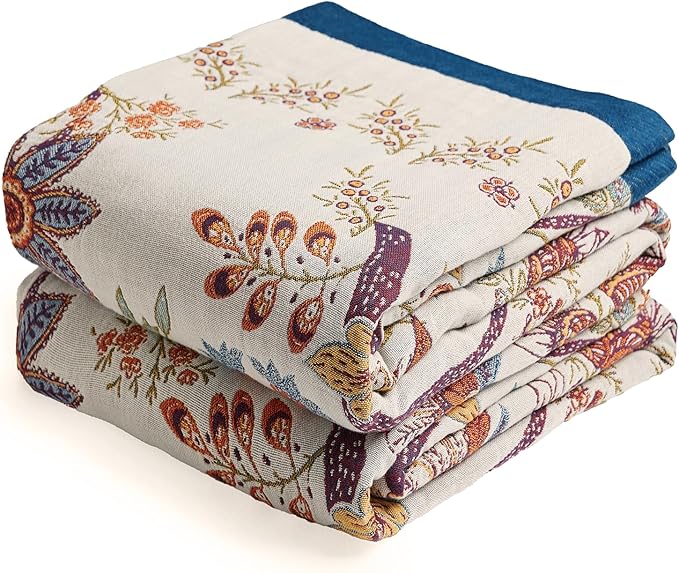 Boho Throw Blanket, 100% Organic Cotton Breathable Skin-Friendly Ultra Soft Bed Quilt Throw - All Season Floral Farmhouse Décor Luxury Blanket for Sofa Couch Chair and Gift. 80" x 90"