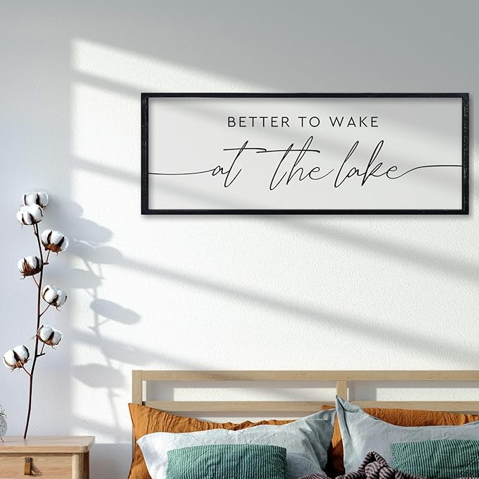comurdyo Better To Wake At The Lake Above Bed Wall Art Decor 32"×12" for Lake House Bedroom Over Bed Sign Wood Framed Large Wall Hanging (Black)