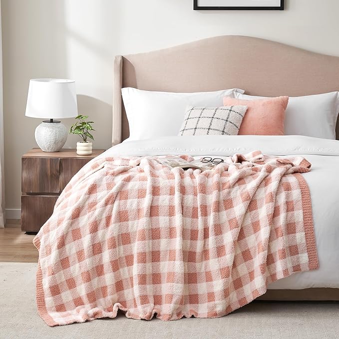 Snuggle Sac Checkered Throw Blanket for Couch, Super Soft, Cozy Warm Knit Decorative Blankets, Reversible Plaid Fluffy Throws for Sofa, Bed, Plaid Pink, 50x60 Inches