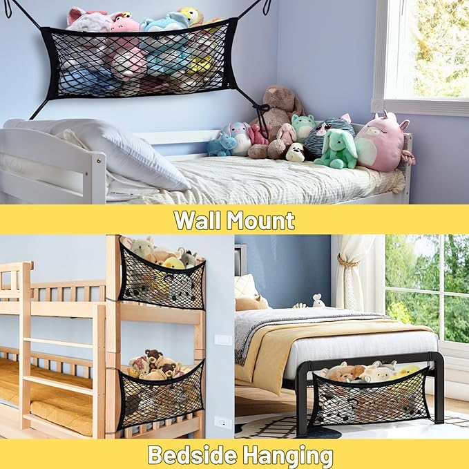 Stuffed Animal Storage Net for Kids, 2 Pack Bedside Toy Organizer Net - Neatly Store Your Stuffed Animals, Elastic Bedside Stuffed Animal Storage Net with Tether, Stretches up to 32 Inches