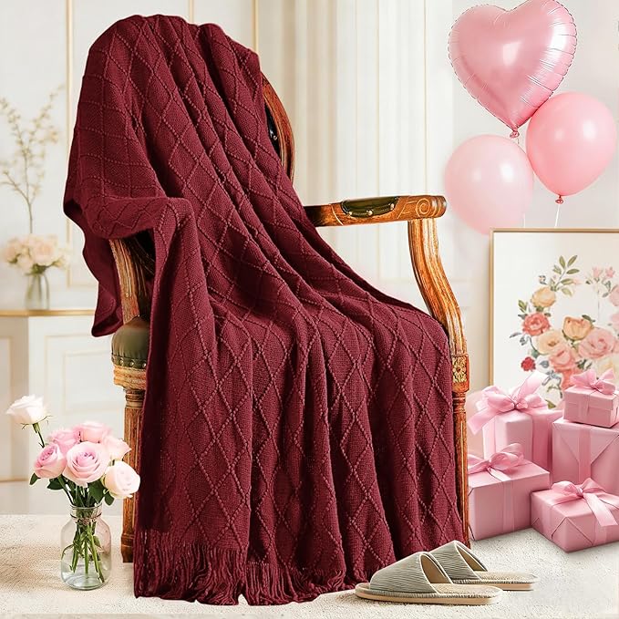 inhand Claret Knitted Throw Blanket for Couch Bed, Mothers Day/Mom Birthday Gifts for Mom from Daughter Son, Soft Lightweight with Tassels, Farmhouse Warm Decorative Blanket for Women, 50"x60"