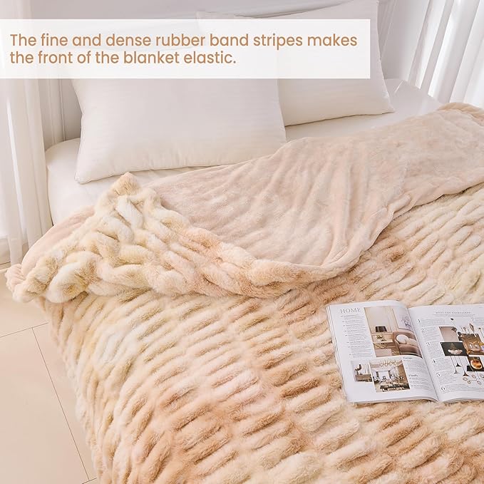 Softan Extra Soft Faux Fur Blanket, Warm Striped Faux Fur Throw Blanket with Flannel Fleece Reverse for Couch Sofa Bed Living Room, Beige- 60"x 80"