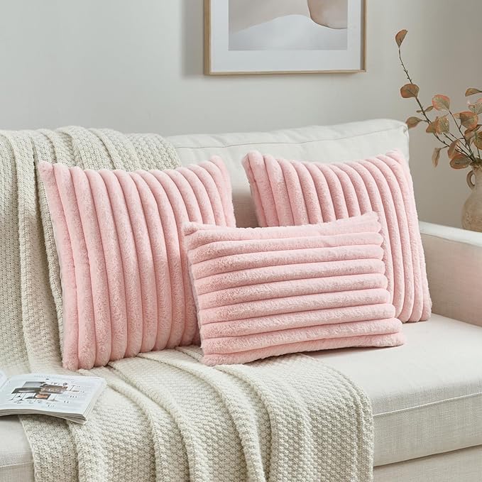FUTEI Pink Decorative Throw Pillow Covers Set of 2, 12x20 Inch Soft Fluffy Faux Fur Plush Striped Lumbar Pillowcases, Modern Home Decor for Couch Bed Living Room