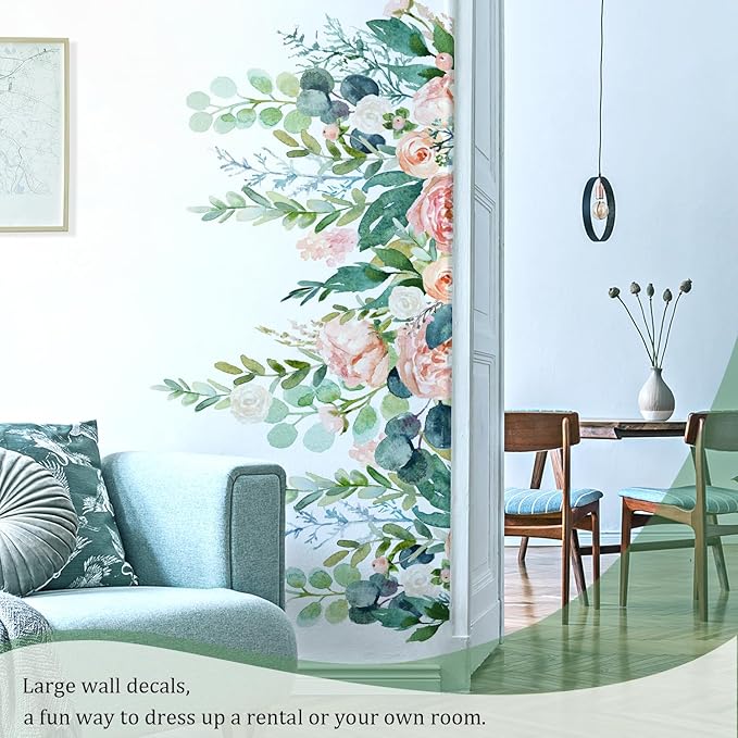 Watercolor Flowers Leaves Wall Decals Peel and Stick, Large Floral Flowers Wall Stickers, Removable Vine Home Decor Art for Bedroom Living Room Classroom Office