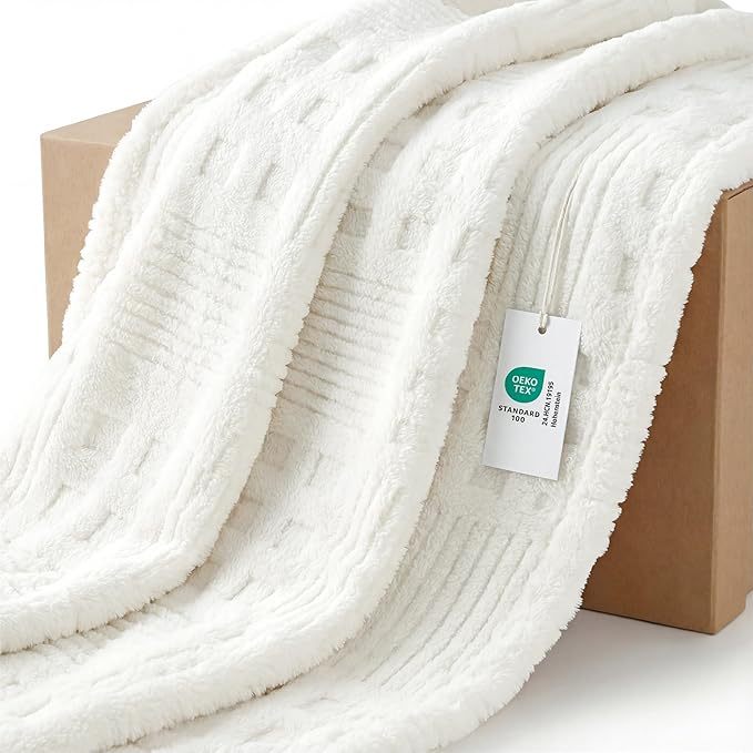 Bedsure White Throw Blanket for Couch - GentleSoft Fluffy Waffle Blanket for Sofa Bed Room Decor, Super Cozy Fleece Checkered Throw for Women, Warm for All Season, 50x60 Inches
