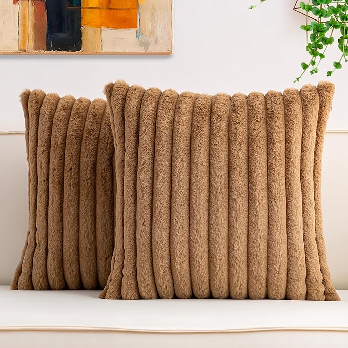 Aegero Pack of 2 Faux Fur Fall Throw Pillow Covers 16x16 Inch, Soft Plush Striped Neutral Couch Pillow Cover, with Velvet Back Modern Home Decor for Sofa Living Room Couch Bed Coffee