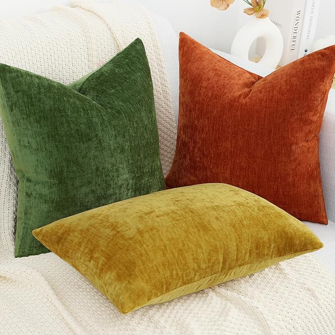 decorUhome Chenille Moss Green Throw Pillow Covers 26x26 Inch Set of 2, Decorative Soft Couch Pillow Covers Solid Dyed Accent Farmhouse Neutral Square Pillow Cases for Sofa