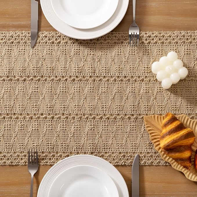 Socomi Boho Table Runner Easter Spring Farmhouse Burlap Jute Bamboo Rustic Dining Kitchen Centerpiece Decor Small Macrame Woven Coffee Table Runner for Dresser Scarf Home Decor 12x48 inch