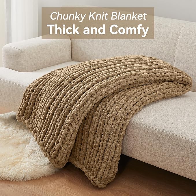 Chunky Knit Throw Blanket, 50''*60'' Knitted Throw Chenille Yarn for Bed Couch, Handmade Light Brown Crochet Big Thick Blanket, Machine Washable Cute Comfy Blanket for Home Decor