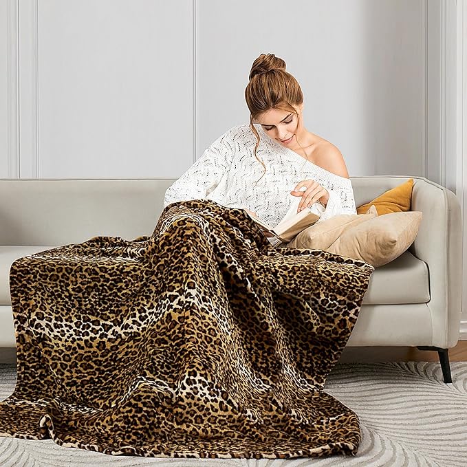 Leopard Print Blanket Fleece Throw for Bed Sofa Travel and Camping, Super Soft Cozy Fluffy Plush Cheetah Print Blanket for All Seasons 60"x80" (Dark Brown)