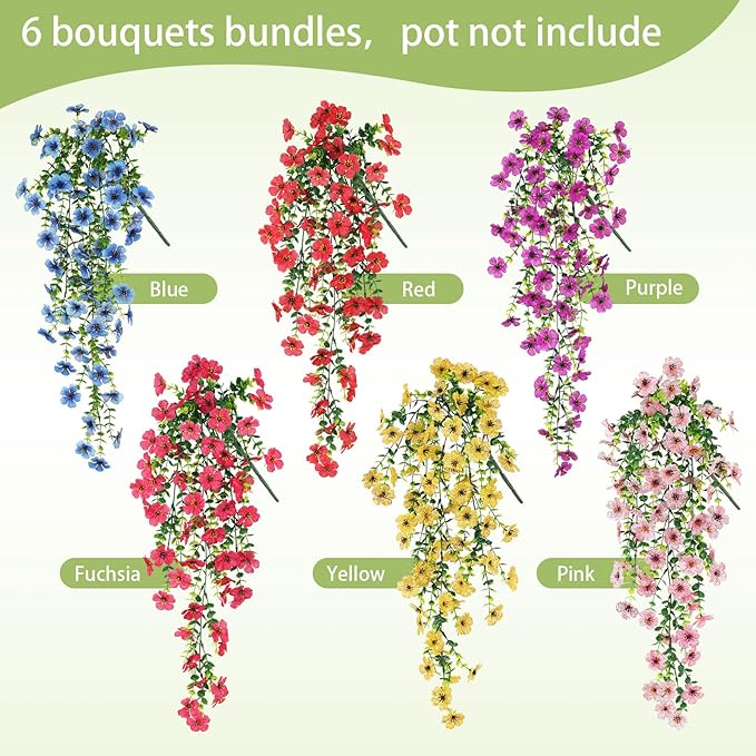Artificial Flowers for Outdoors Spring Decor, 6 Bundles UV Resistant Realistic Fuax Silk Hanging Flowers, Fake Plants for Planter Indoor Outside Garden Porch Patio Balcony Yard Farmhouse