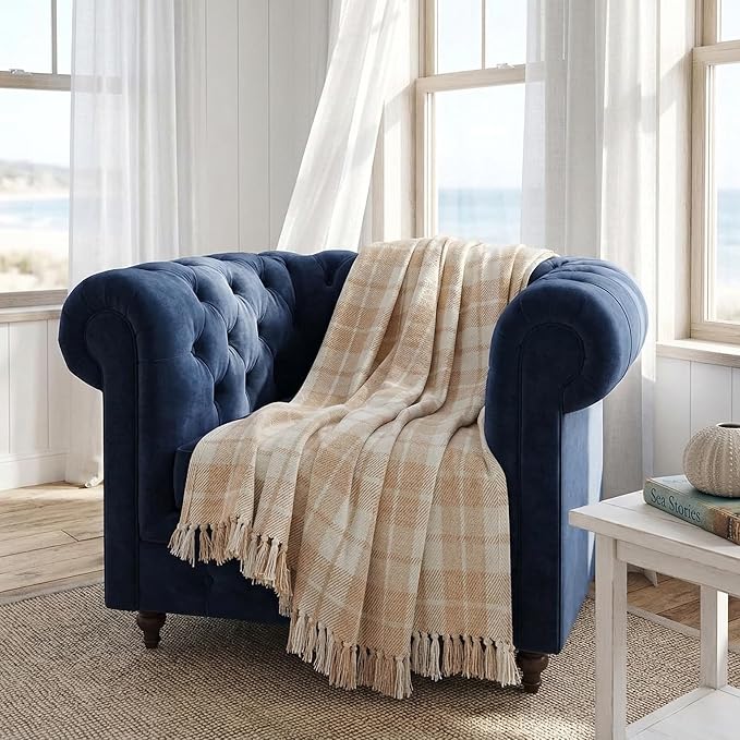 Americanflat 50x60 Throw Blanket - Soft and Breathable Cotton Throw Blanket for Couch, Bed, Chair - Decorative Blankets Perfect for Home, Office, or Outdoor Use - Ecru Camel Plaid Design
