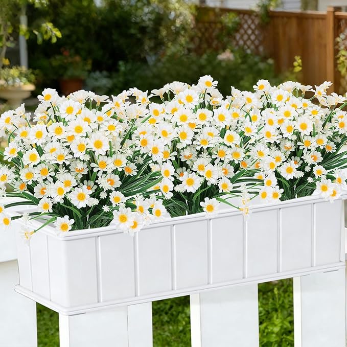 12 Bundles Artificial Daisy Flowers for Outdoors Summer Decor, UV Resistant Fake Flowers Faux Plastic Greenery Shrub Plants for Outside Home Gardens Porch Planter Indoor Spring Cemetery Décor(White)