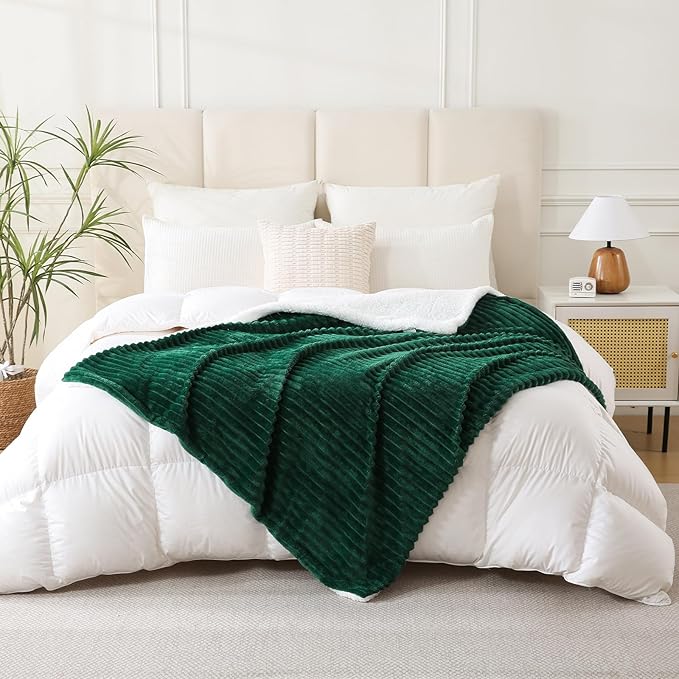 Green Sherpa Fleece Throw Blanket 90”×90” for Couch Sofa Bed,Super Soft Cozy Plush Double Side Thick Flannel Blanket with Striped Design Lightweight for Adults,Woman,Girls