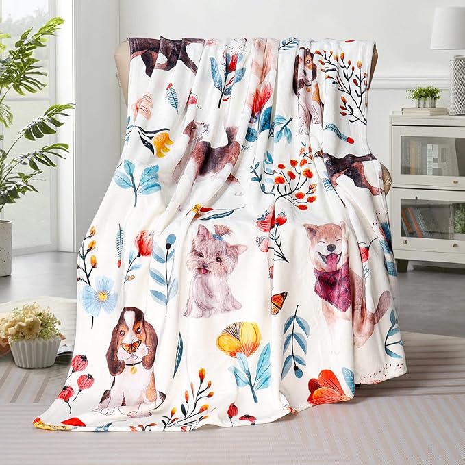 Dog Floral Flower Throw Blanket Gift for Dog Lover Blanket Dogs Themed Flannel Fleece Cozy Fuzzy Plush Throw Blankets for Home